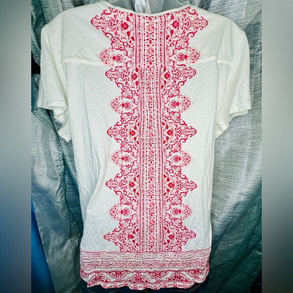 Croft & Barrow White Pink Bohemian V-Neck Boho T-Shirt Blouse Top ~ X-Large - Picture 3 of 10